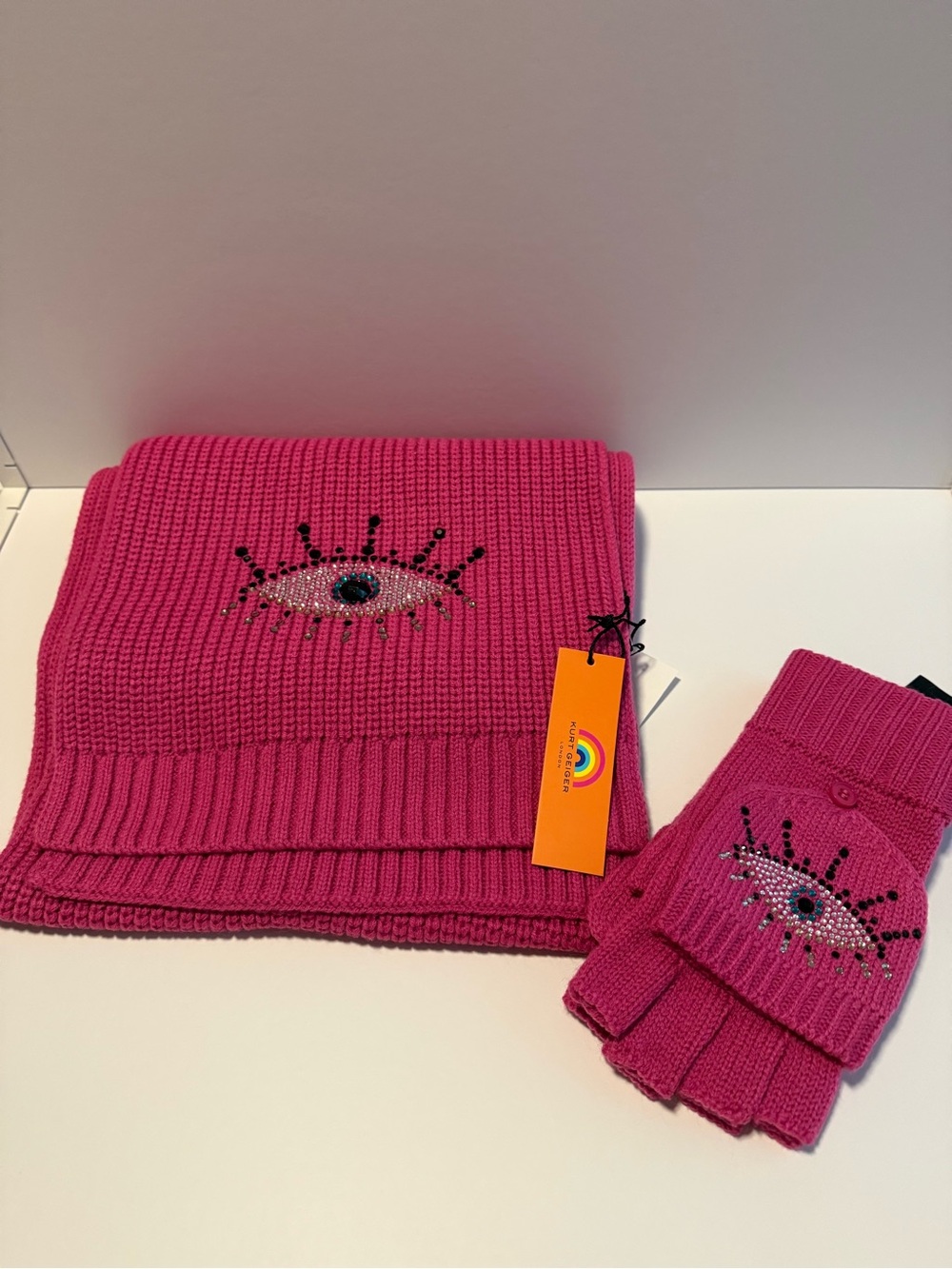 Kids Pink Knit Scarf and Fingerless Gloves Set with Eye Rhinestone Detail